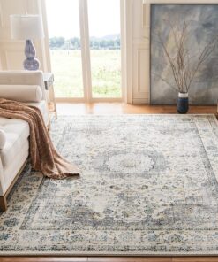 SAFAVIEH Evoke Collection Area Rug - 9' x 12', Grey & Gold, Shabby Chic Oriental Medallion Design, Non-Shedding & Easy Care, Ideal for High Traffic Areas in Living Room, Bedroom (EVK220B)