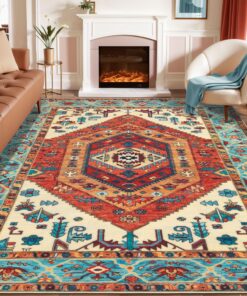 SERISSA Boho Area Rug 8x10 Orange, Washable Large Rugs for Living Room, Ultra Soft Non-Slip Bedroom Rug Print Distressed Vintage Tribal Farmhouse Carpet Rug for Dining Room Dorm Office Home Decor