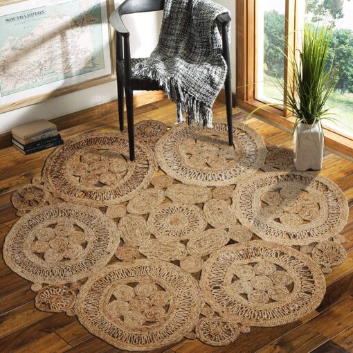 LR Home Natural Jute Round Area Rug for Home Decor - Braided Rugs for Living Room, Bedroom, Playroom - Bohemian Farmhouse Scalloped Indoor Rug - Large - Natural - Image 2