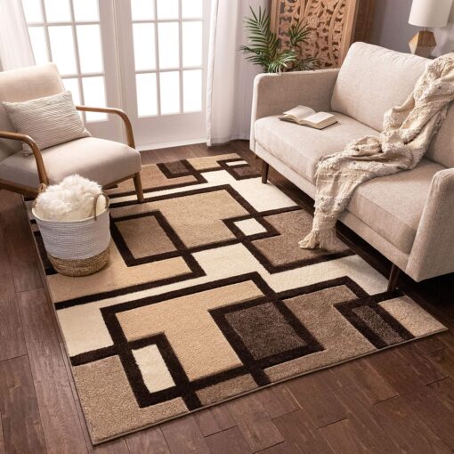 Well Woven Ruby Geometric 6x9 Area Rug Ivory & Beige Neutral Modern Contemporary Hand Carved Squares Design Perfect for Living Room Dining Room or Bedroom Plush Easy-Care Easy-to-Clean Carpet