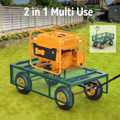 Vibemo Steel Garden Cart, 2-in-1 900 lbs Heavy Duty Utility Wagon, with Removable Mesh Sides to Convert into Flatbed, 240° U-Turn 10" Pneumatic Tires Garden Wagon for Farm Yard Lawn Garden Camping - Image 7