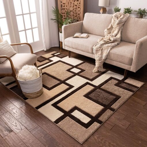 Well Woven Ruby Geometric 6x9 Area Rug Ivory & Beige Neutral Modern Contemporary Hand Carved Squares Design Perfect for Living Room Dining Room or Bedroom Plush Easy-Care Easy-to-Clean Carpet - Image 2