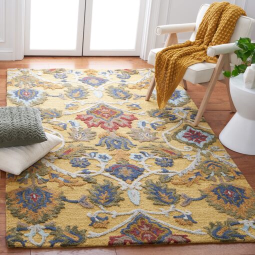 SAFAVIEH Blossom Collection Area Rug - 6' x 9', Gold & Multi, Handmade Wool, Ideal for High Traffic Areas in Living Room, Bedroom (BLM402D)