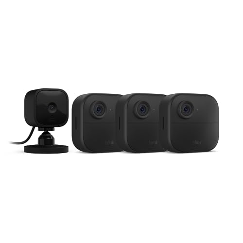Blink Outdoor 4 (4th Gen) + Blink Mini – Smart security camera, two-way talk, HD live view, motion detection, set up in minutes, Works with Alexa – 3 camera system + Mini (Black)