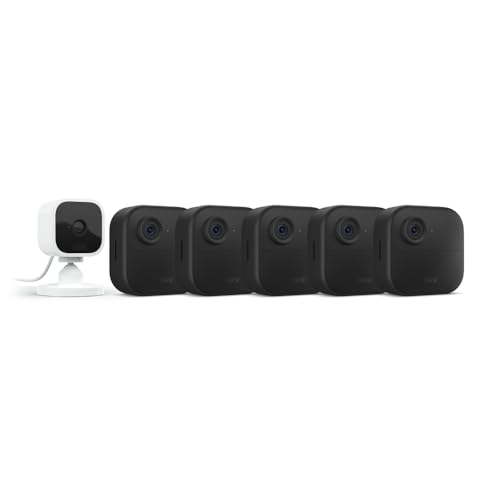 Blink Outdoor 4 (4th Gen) + Blink Mini – Smart security camera, two-way talk, HD live view, motion detection, set up in minutes, Works with Alexa – 5 camera system + Mini (White)