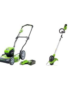 Greenworks 40V 19" Brushless Lawn Mower, String Trimmer, 5.0Ah USB Battery and Charger Included
