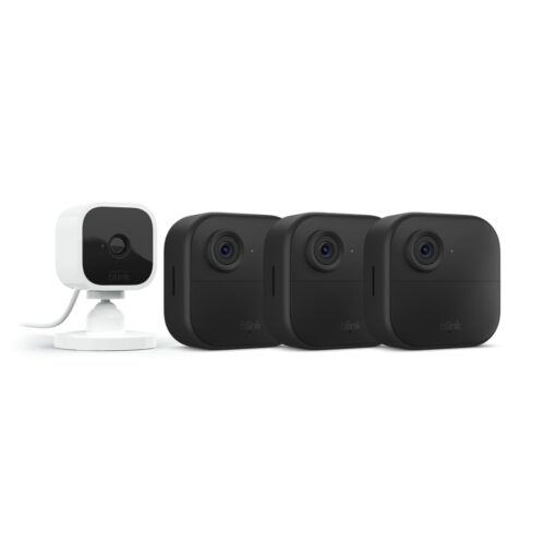 Blink Outdoor 4 (4th Gen) + Blink Mini – Smart security camera, two-way talk, HD live view, motion detection, set up in minutes, Works with Alexa – 3 camera system + Mini (White)