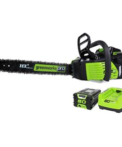 Greenworks 80V 18" Brushless Cordless Chainsaw (Great For Tree Felling, Limbing, Pruning, and Firewood) / 75+ Compatible Tools), 2.0Ah Battery and Rapid Charger Included
