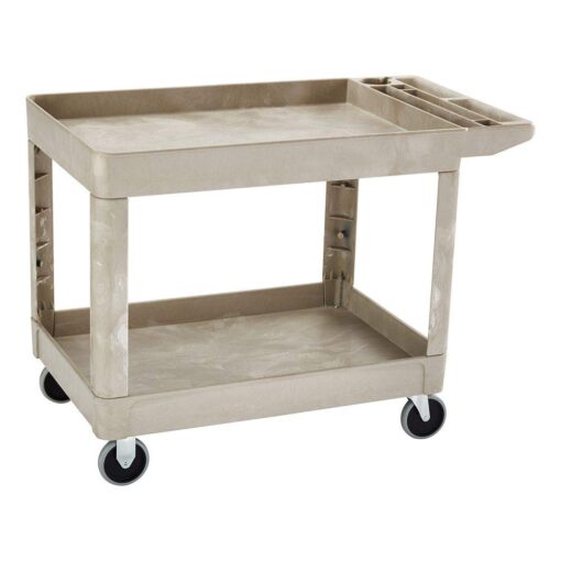 Rubbermaid Commercial Products Heavy Duty 2-Shelf Utility/Service Cart, Medium, Lipped Shelves, Storage Handle, 500 lbs. Capacity, Beige, for Warehouse/Garage/Cleaning/Maintenance