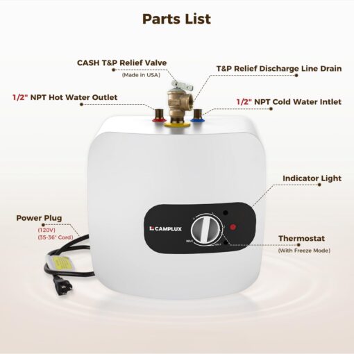 CAMPLUX Electric Mini-Tank Water Heater 8 Gallon (ME80B) On-demand Endless Water Heater, 120-Volt Corded 1440W, Under Sink, Wall or Floor Mounted - Image 2