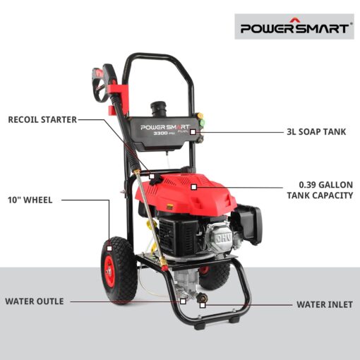 PowerSmart Gas Pressure Washer 3300 PSI, 2.5 GPM, 3L Soap Tank, Metal Spray Wand, 5 Nozzles for House, Driveways (DB1050) - Image 3