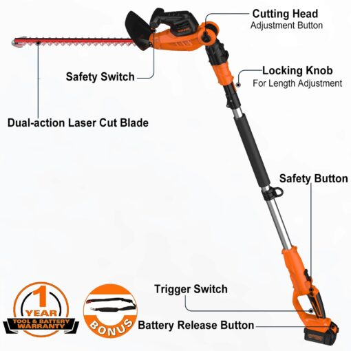 GARCARE 2 in 1 Hedge Trimmer Cordless with 20V, 4.0Ah Li-Ion Battery and Quick Charger Tree Trimmer 510mm Dual-Action Laser Blade, 7/10inch Cutting Capacity - Image 8