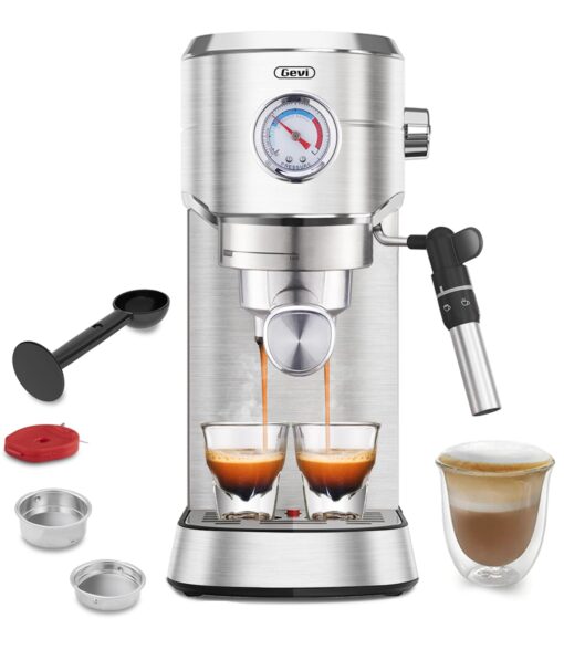 Gevi Commercial Espresso and Coffee Makers with Portafilter for Nespresso Original Capsules and Coffee Powder, Professional Espresso Maker with Milk Frother for Cappuccino, Latte