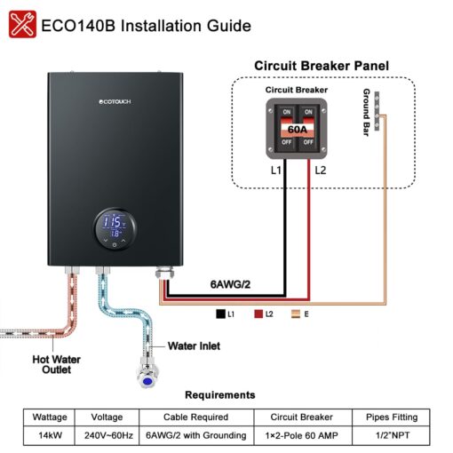 Electric Tankless Water Heater, ECOTOUCH 14kW Instant Hot Water Heater on Demand 240V Point of Use Hot Water Heater ETL Certificated Self-Modulation ECO140B Black - Image 3