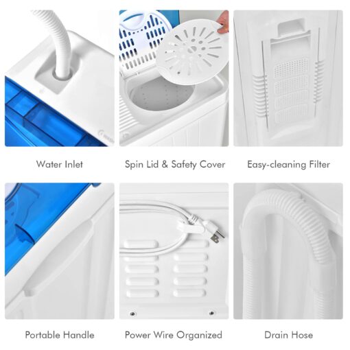 COSTWAY, Twin Tub 26lbs Capacity Laundry, 18lbs 8lbs Spinner Combo with Timer Knobs, Built-in Drain Pump, Compact Washer for Home Dorm Apartment (Blue+White) portable washing machine - Image 4