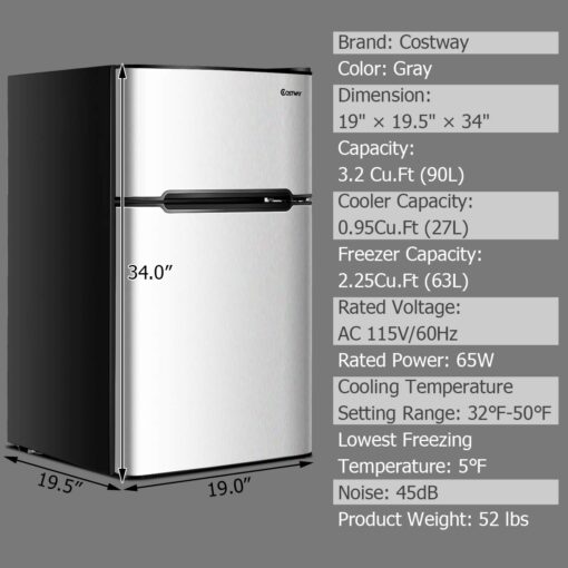 COSTWAY Compact Refrigerator, 3.2 cu ft. Unit 2-Door Mini Freezer Cooler Fridge with Reversible Door, Removable Glass Shelves, Mechanical Control, Recessed Handle for Dorm, Office, Apartment (Grey) - Image 7