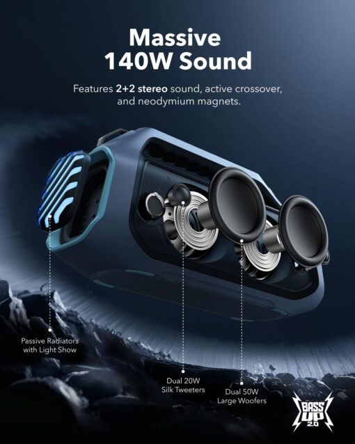 soundcore Boom 2 Plus By Anker, Outdoor Speaker, 140W, 2+2 Channel, BassUp 2.0, 20H Playtime, Fast Charge, IPX7 Waterproof, RGB Lights, Power Bank, Bluetooth 5.3, Portable for Outdoors, Camping, Beach - Image 6