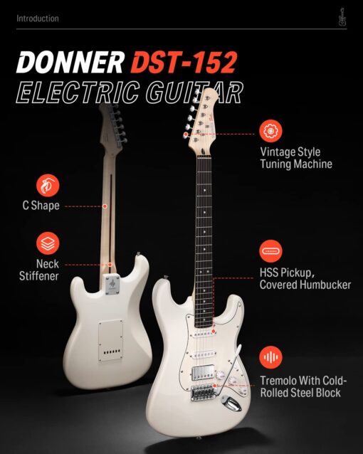 Donner Electric Guitar, DST-152 39" Electric Guitar Starter Kit HSS Pickup Coil Split, with Amp, Bag, Accessories, Polar White - Image 7
