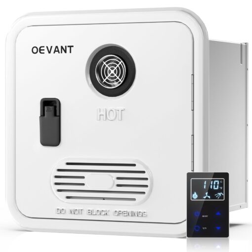 OEVANT RV Tankless Water Heater,55,000 BTU RV Instant Water Heater with Remote Controller,16x16 inch Door＆Front Water Outlet,Propane Gas, DC 12V, CSA Certificated,Compatible with All RVs-White