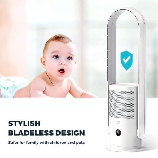 U ULTTY Bladeless Tower Fan and Air Purifier in one, True HEPA Filter 99.97% Smoke Dust Pollen Dander, Oscillating Tower Fan with Remote Control CR022D, White - Image 2