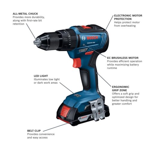 BOSCH GSB18V-490B12 18V EC Brushless 1/2 In. Hammer Drill/Driver Kit with (1) 2 Ah Standard Power Battery - Image 13