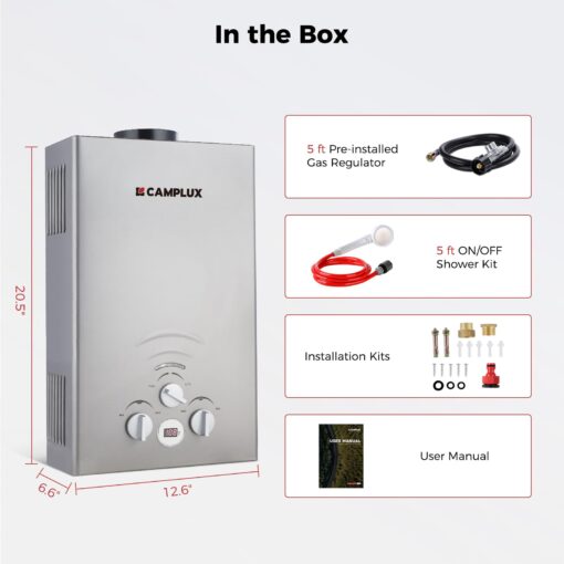 CAMPLUX Tankless Water Heater, 2.11GPM Portable Water Heater for Camping, 55,000 BTU Propane Hot Water Heater Outdoor, BW211G, Grey - Image 2