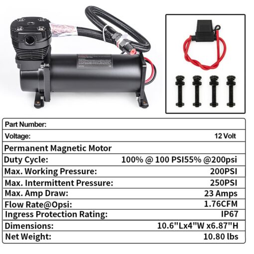 ZHSYMX Heavy Duty 200 PSI Air horn Compressor Dual Value Pack, 3/8 NPT Train Horn/Air Ride Compressor, Fittings for 12V Train/Truck/Car,Air Suspension horn Compressor BLACK - Image 3
