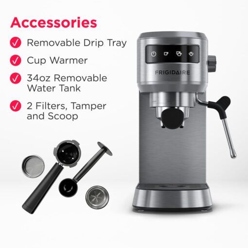 Frigidaire 20 Bar Small Espresso Machine with Milk Frother and Tamper - Makes Cappuccinos, Lattes, and More, Stainless Steel - Image 6