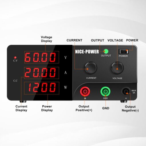 NICE-POWER DC Power Supply Variable, 60V 20A 1200W High Power Bench Power Supply with Encoder Knob & Output Switch, Benchtop Adjustable Switching Regulated Power Supplies for Repair/Test - Image 8
