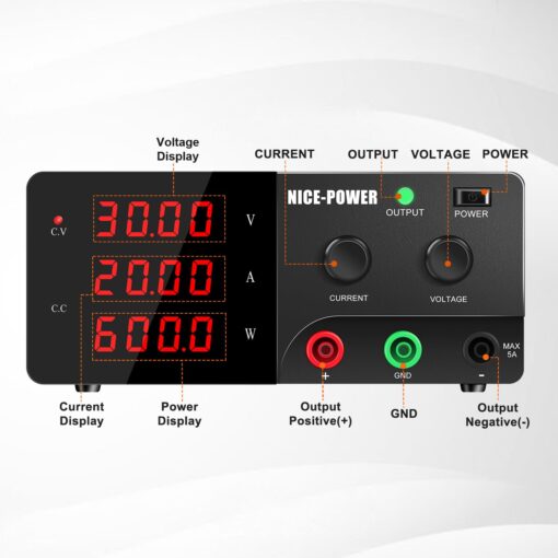 NICE-POWER DC Power Supply Variable, 30V 20A 600W High Power Bench Power Supply with Encoder Knob and Output Switch, Lab Power Supply Adjustable Switching Regulated Power Supply for Repair/Test - Image 8