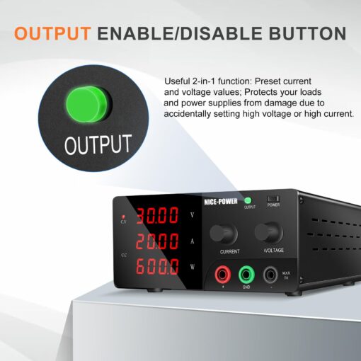 NICE-POWER DC Power Supply Variable, 30V 20A 600W High Power Bench Power Supply with Encoder Knob and Output Switch, Lab Power Supply Adjustable Switching Regulated Power Supply for Repair/Test - Image 4
