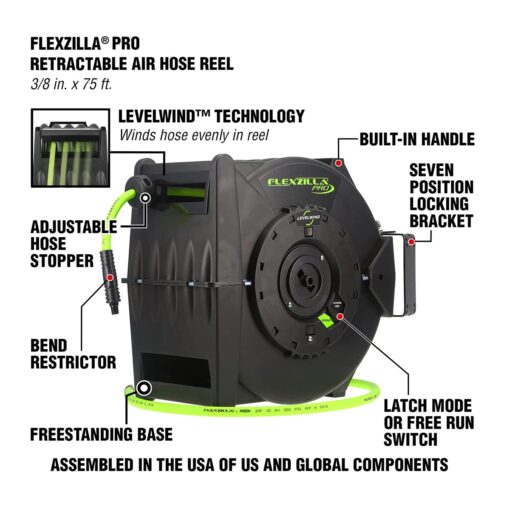 Flexzilla Levelwind Retractable Air Hose Reel, 3/8 in. x 75 ft., Heavy Duty, Lightweight, Hybrid, ZillaGreen - L8306FZ - Image 8