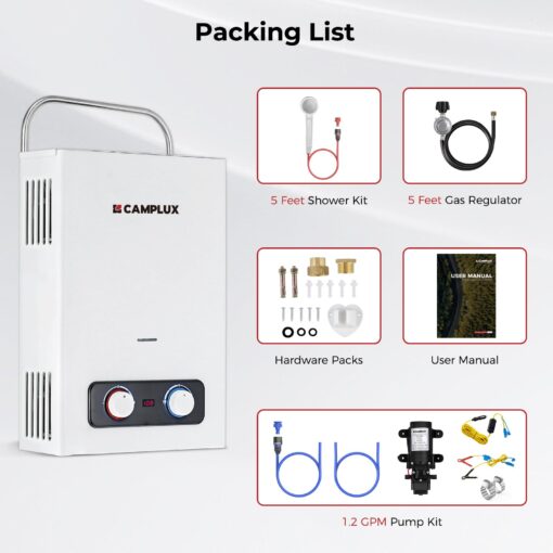 CAMPLUX 1.58 GPM Portable Tankless Water Heater with Water Pump Kit, Propane Water Heater Outdoor with 1.2 GPM Pump, 41,000 BTU, BD158P43 - Image 3