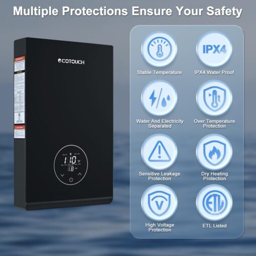 Tankless Electric Hot Water heater, 240V ECOTOUCH 8KW Under Sink On Demand, Instant Point of Use ETL Certificated Self-Modulating Smart Hot Water Heater ECO80 Black - Image 6