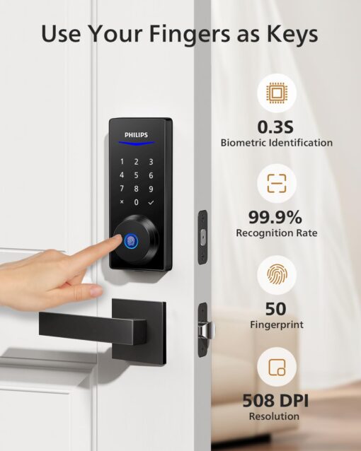 Philips Smart Lock with Handles, Keyless Entry Door Lock Set, Smart Door Lock with 2 Level Handles, Digital Keypad Deadbolt for Front Door, App Fingerprint PIN Code Unlocking, Auto Locking - Image 7