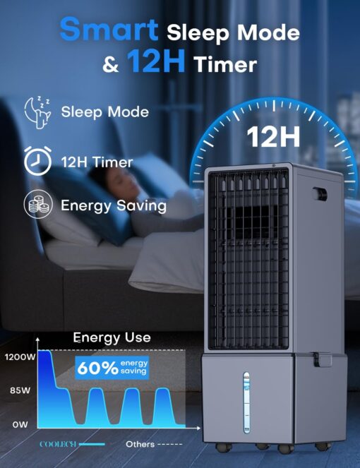 COOLECH 4-IN-1 Portable Air Conditioners w/3.2-Gal Tank for 24H Cooling, 4 Powerful Wind Speeds & 4 Modes, LED Touch Screen, Waterless Alert System & 12H Timer, Remote, Evaporative Air Cooler for Home - Image 3