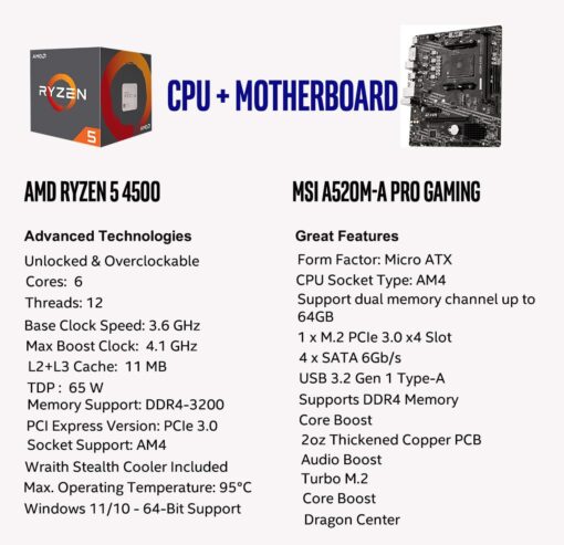 INLAND AMD Ryzen 5 4500 Unlocked Desktop Processor with MSI A520M-A PRO Gaming Motherboard (AMD AM4, DDR4, PCIe 4.0, Micro-ATX), - Image 7
