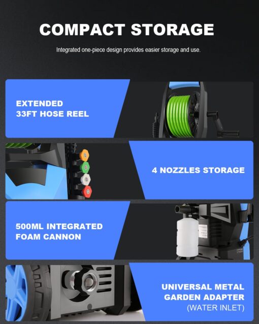 Commowner Electric Pressure Washer 4800 PSI 2.8 GPM Power Washers Electric Powered with 33ft Pressure Hose M22-14mm, 4 Nozzle and Foam Cannon, powerwashers for home, Cars, Fences, Patio, Upgraded Blue - Image 4