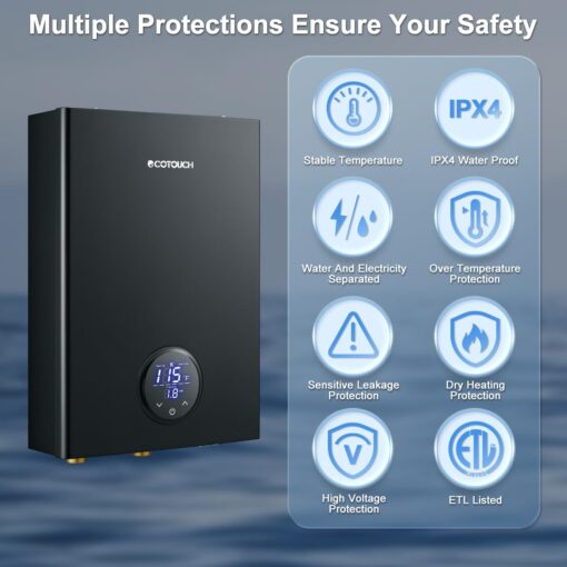 Electric Tankless Water Heater, ECOTOUCH 14kW Instant Hot Water Heater on Demand 240V Point of Use Hot Water Heater ETL Certificated Self-Modulation ECO140B Black - Image 6