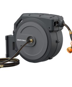 Giraffe Tools AW40 Retractable Hose Reel 5/8" x 90 ft Wall Mounted Garden Hose Reel Heavy Duty, Automatic Rewind, 180 Deg Swivel, Any Length Lock, 9 Pattern Nozzle, 90 ft, Dark Grey