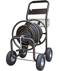 Rocky Mountain Goods Garden Hose Reel Cart - Holds up to 400 feet of 5/8” Hose - Slide Hose Guide System - Heavy Duty Metal Holder - 6 ft leader water hose included - Storage Basket - 10” Steel Wheels
