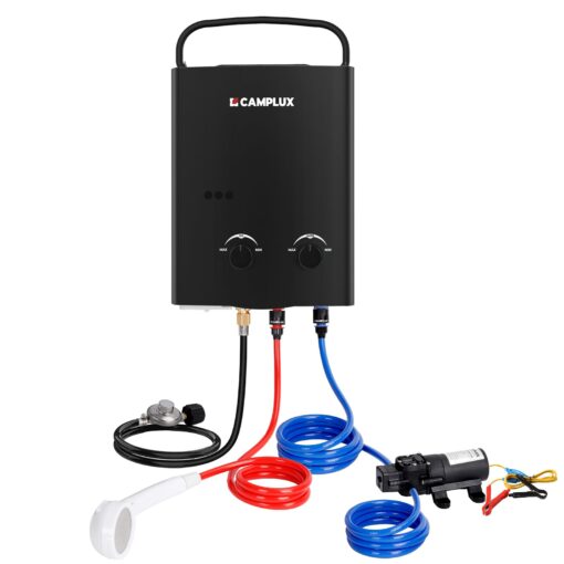CAMPLUX 5L Portable Propane Gas Tankless Water Heater, 1.32 GPM Tankless Water Heater With 1.2 GPM Water Pump, Black