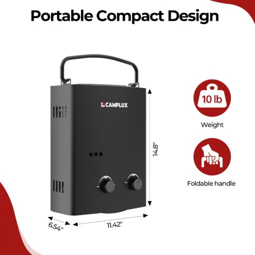 CAMPLUX 5L Portable Propane Gas Tankless Water Heater, 1.32 GPM Tankless Water Heater With 1.2 GPM Water Pump, Black - Image 6