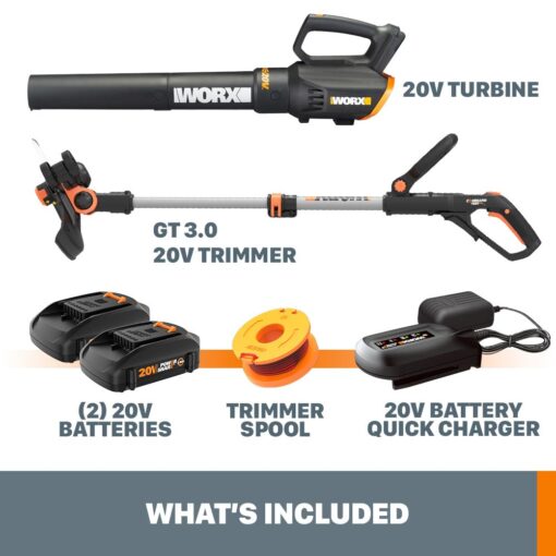 Worx 20V String Trimmer Cordless & Edger 3.0 + Leaf Blower Cordless with Battery and Charger Turbine, Black and Orange - Image 3