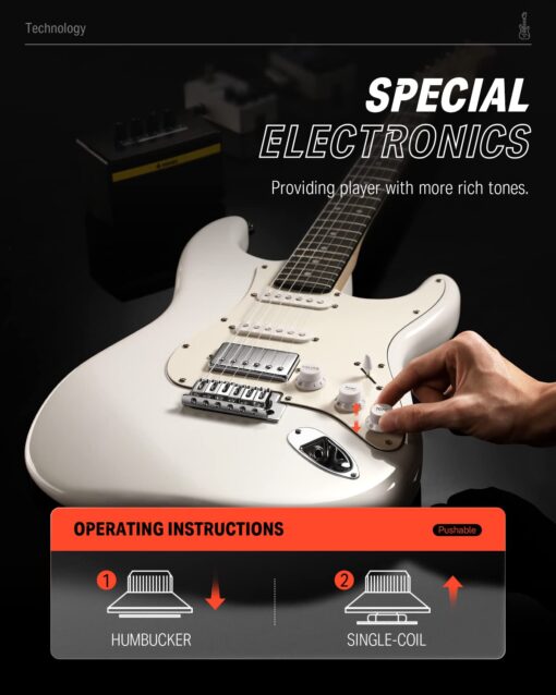 Donner Electric Guitar, DST-152 39" Electric Guitar Starter Kit HSS Pickup Coil Split, with Amp, Bag, Accessories, Polar White - Image 3