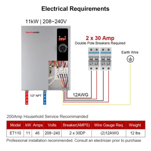 ThermoMate Electric Tankless Water Heater, 11kW 208~240 Volt, On Demand Instant Hot Water Heater, Self Modulating Energy Saving, Save Space, 2.15GPM at 35°F Rise - Image 5