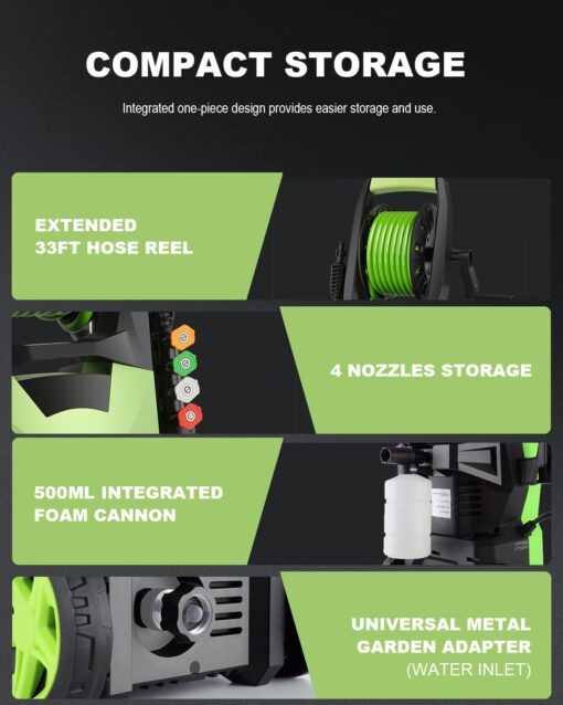Commowner Electric Pressure Washer 4800 PSI 2.8 GPM Power Washers Electric Powered with 33ft Pressure Hose M22-14mm, 4 Nozzle and Foam Cannon, powerwashers for Home, Cars, Fences, Patio, Green - Image 4