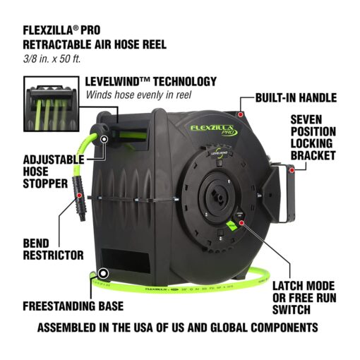 Flexzilla Pro Levelwind Retractable Air Hose Reel, 3/8 in. x 50 ft., Heavy Duty, Lightweight, Hybrid, ZillaGreen - L8305FZ - Image 8