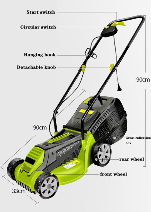BVFNKQSC 1600W Powerful Electric Lawn Mower, Hand Pushed Cordless Electric Household Lawn Mower, with Adjustable Cutting Height in 3 Gears,Green - Image 5