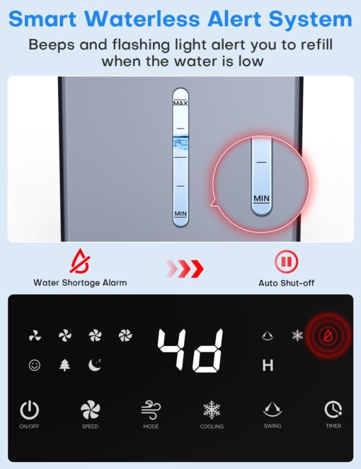COOLECH 4-IN-1 Portable Air Conditioners w/3.2-Gal Tank for 24H Cooling, 4 Powerful Wind Speeds & 4 Modes, LED Touch Screen, Waterless Alert System & 12H Timer, Remote, Evaporative Air Cooler for Home - Image 6
